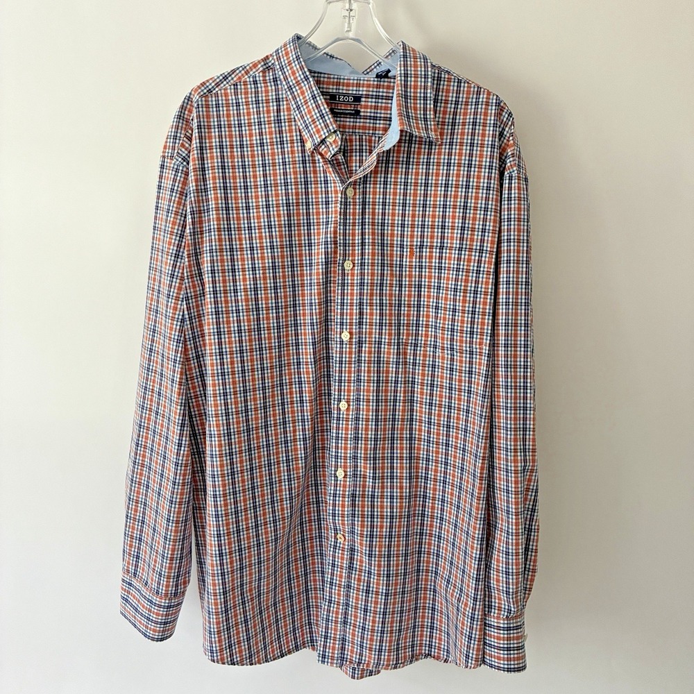 Izod Premium Essentials Mens Shirt 2XL Blue Orange Plaid Long Sleeve Lightweight